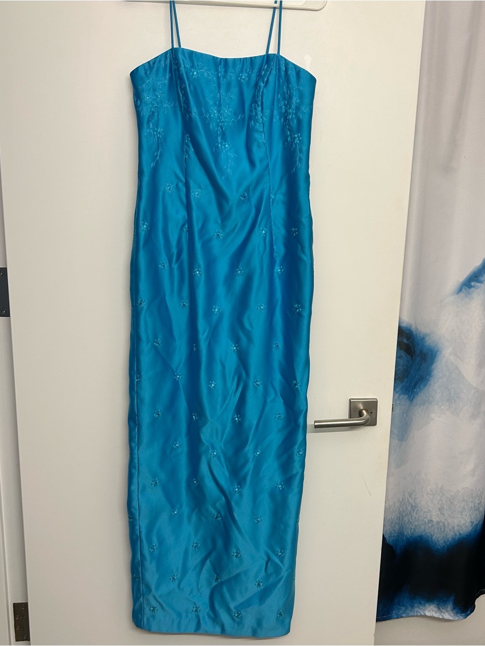 Vintage Y2K Turquoise Satin Slip Dress with Delicate Embroidery